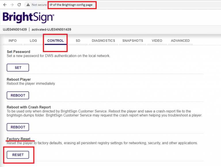 REset Brightsign Player
